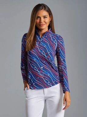 Ibkul Long Sleeve Zip Mock Neck in Patriotic Confetti Navy